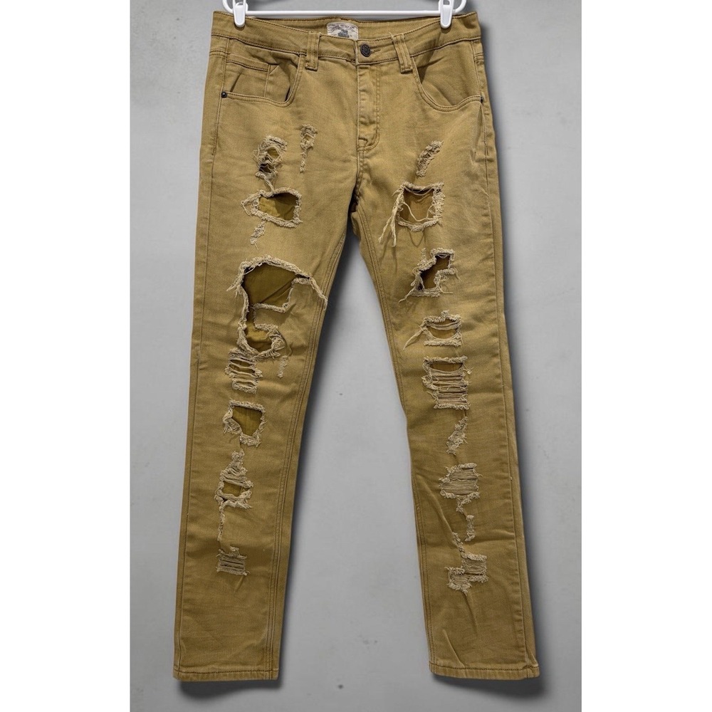 Smoke Rise Men Streetwear Jeans  Stretch Beige Distressed Denim 36x34